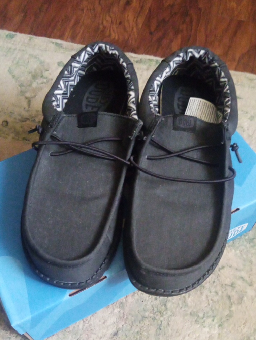 Hey Dude Black Canvas Slip-On Moccasins with Patterned Lining